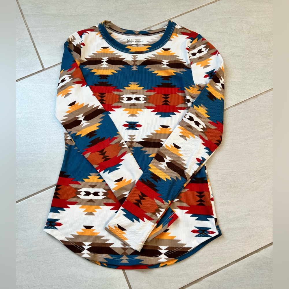 NOBO Long Sleeve Colorful Aztec Print Ribbed Long Sleeve Top